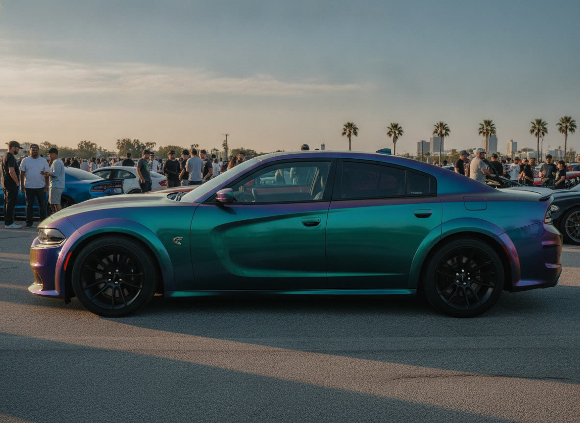 Dodge Charger Widebody wrapped in a color-shift chameleon vinyl that flips from purple to blue to teal