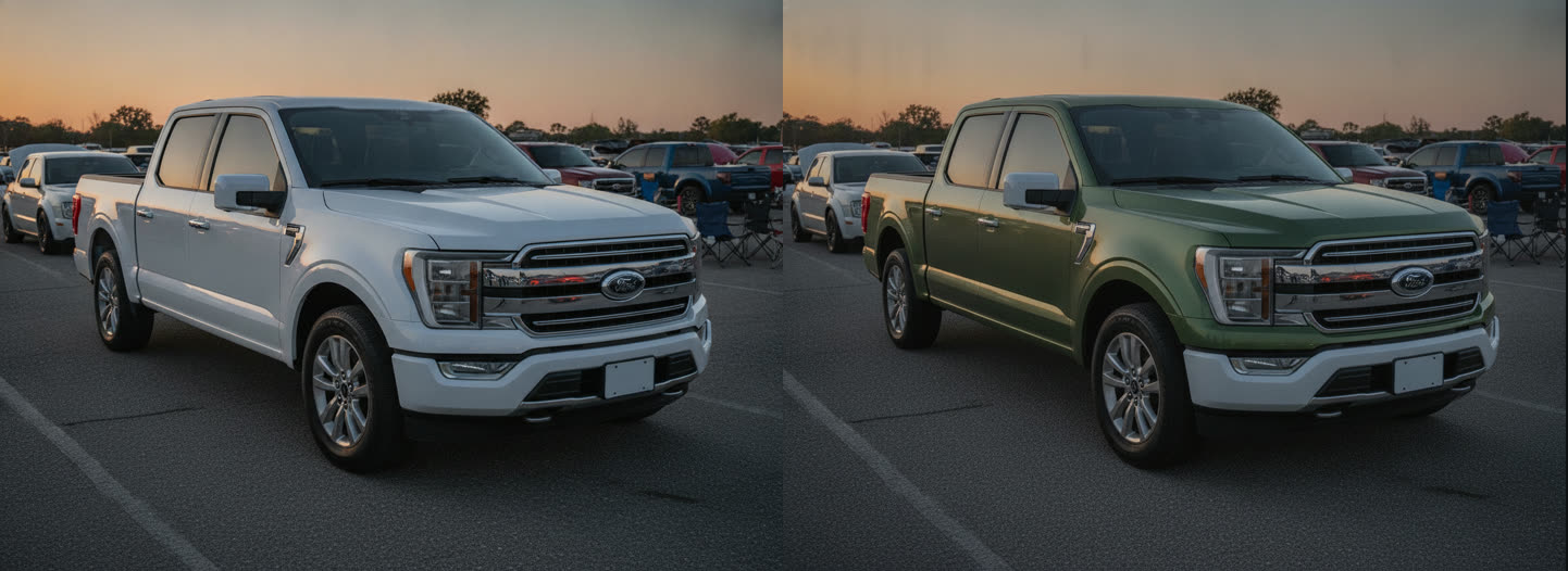 AI preview before and after: white Ford F-150 truck on the left, the same truck wrapped satin army green on the right